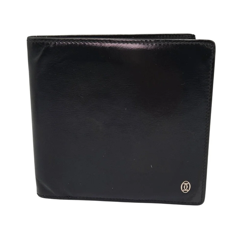 Cartier Paris Vintage Black Leather Bifold Wallet with Coin Pocket